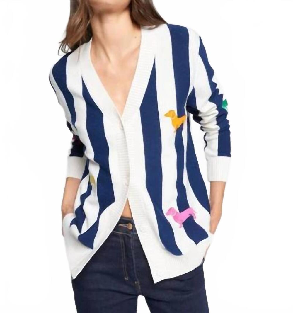 NEW VILAGALLO dog embroidery striped cardigan in navy